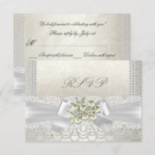 Trouw Bruiloft Crème Parel Kant Damast Diamant RSVP Kaartje (Voorkant / Achterkant)
