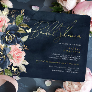 Trouw Bruiloft Navy Blush Gouden Vlinder Folie Uitnodiging