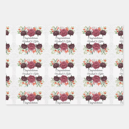 Trouw Burgundyrozen Personaliseer Namen 3 Damast Inpakpapier Vel (Voorkant 2)