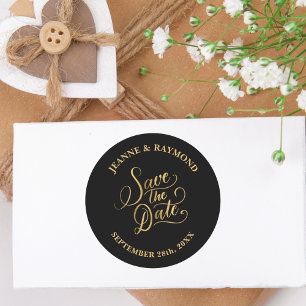 Trouw Calligrafie Zwart Goud Folie Save the Date Ronde Sticker