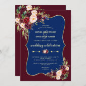 Trouw Charm Burgundy Navy Blauw Goud Bloem Kaart (Voorkant / Achterkant)