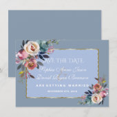Trouw Charm Dusty Blue Misty  Rose Gouden Frame Save The Date (Voorkant / Achterkant)