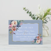Trouw Charm Dusty Blue Misty  Rose Gouden Frame Save The Date (Staand voorkant)