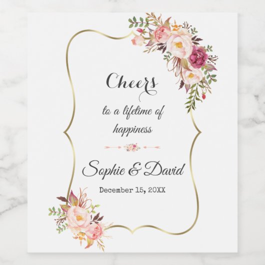 Trouw Charm Gold Blush Roze Bloem Wijn Etiket (Enkel label)