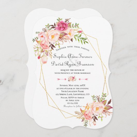 Trouw Charm Pink Blush Bloemen Gouden Lijst Kaart (Voorkant / Achterkant)