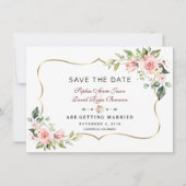 Trouw Charmant Roze Blush Bloemen Gouden Lijst Save The Date (Voorkant)