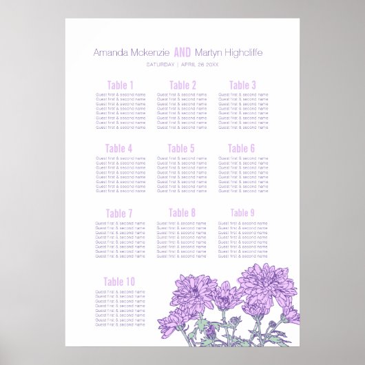 Trouw chrysanthemum paarse bloem kunst tafelplan poster (Voorkant)