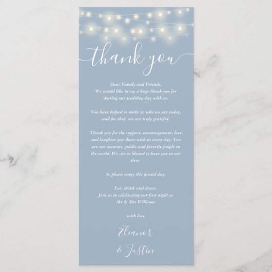 Trouw Dank Je Wel Lichten Stof Blauw Plaatskaart Menu (Voorkant)