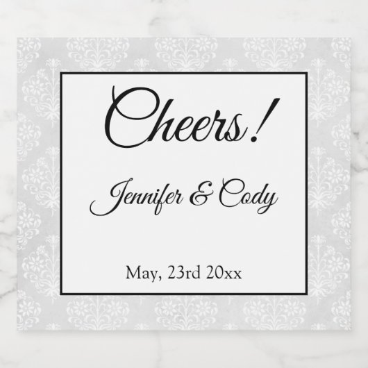 Trouw Elegant Damast Voeg Namen & Datum toe Sparkling Wijnetiket (Enkel label)