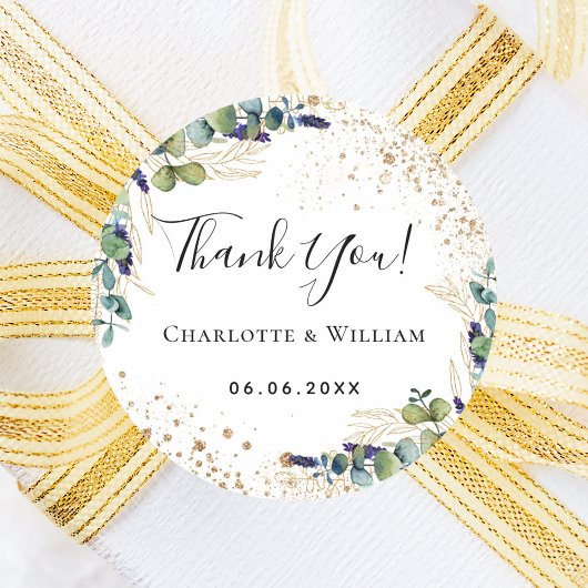 Trouw eucalyptus groen glinsterend dank je ronde sticker