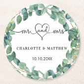 Trouw eucalyptus wit meneer mevrouw hart script ronde kartonnen onderzetter (Voorkant)