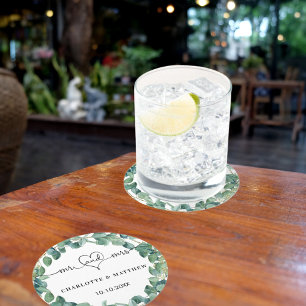 Trouw eucalyptus wit meneer mevrouw hart script ronde kartonnen onderzetter