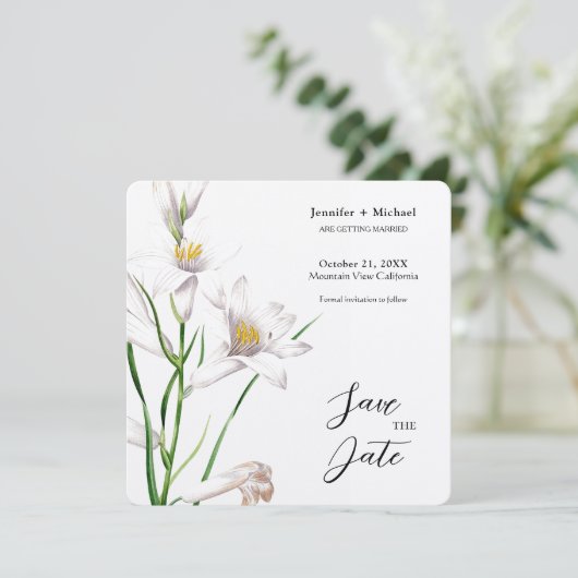 Trouw Huwelijk Minimalistische Calligrafie Bloem Save The Date (Staand voorkant)