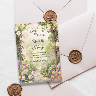 Trouw in Engelse Tuin met Waterverf Bloemstuk en A Save The Date