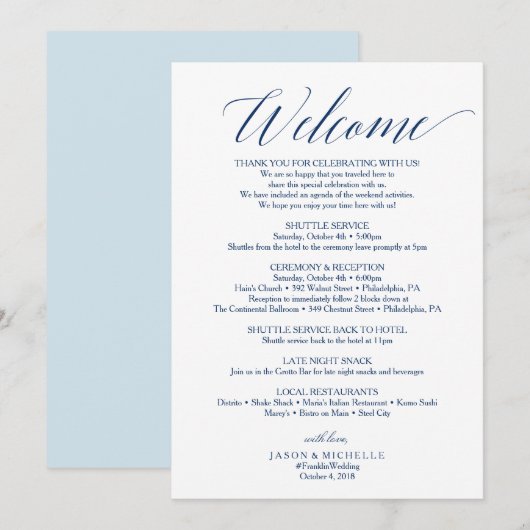 Trouw Itinerary Welkomstbrief Navy Script Programma (Voorkant / Achterkant)