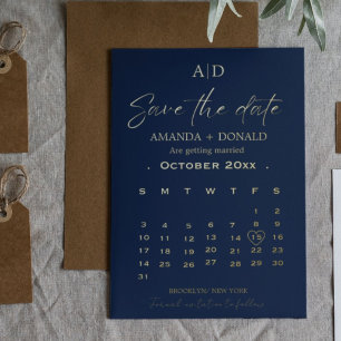 Trouw kalender opslag Navy Blauw & Goud Save the d Folie Uitnodiging