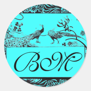 TROUW LIEFDE VOGELS INITIALEN ,zwart en wit blauw Ronde Sticker