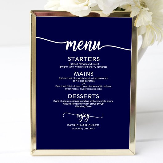 Trouw Menu Bord Chic Calligrafie Marineblauw Poster