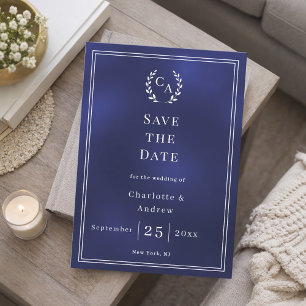 Trouw met blauwe monogram krans save the date