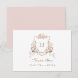 Trouw met bloemen Roze Rozen Groene Krans Monogram Bedankkaart