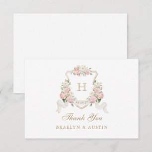 Trouw met bloemen Roze Rozen Groene Krans Monogram Bedankkaart