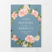 Trouw met Blush Roze Bloemendetail in Stofblauw me Drieluik Uitnodiging (Cover)