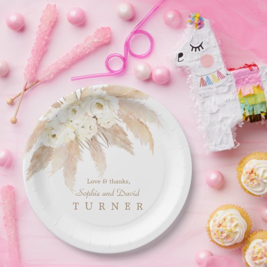 Trouw met Charm White Roses Pampas Gras Papieren Bordje (Feest)