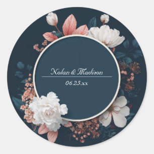 Trouw met een krans van bloemen in wit en Navy blu Ronde Sticker