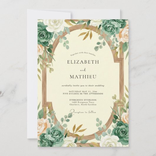 Trouw met groene eucalyptus en turkoois goud kaart (Voorkant)