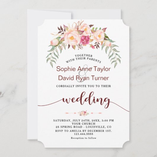 Trouw met herfst bordeauxroze bloemenschrift kaart (Voorkant)