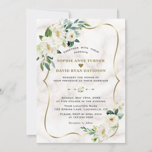 Trouw met Ivoor Witte Bloemen Roségoud Marmer Kaart (Voorkant)