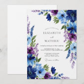 Trouw met marineblauwe bloemengekte kaart (Voorkant / Achterkant)