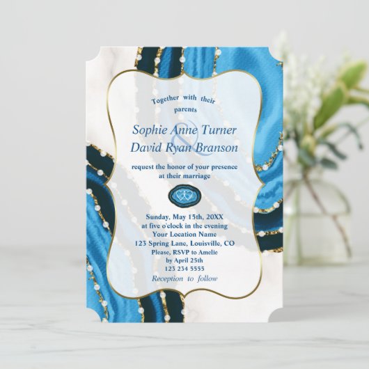 Trouw met Navy Blauwe Aquarel Agate Parels Kaart (Staand voorkant)