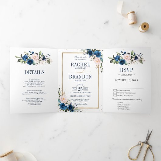 Trouw met Navy Blauwe Blush Roze Roos Boho Geometr Drieluik Aankondiging (Binnen)