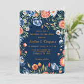 Trouw met Navy Blauwe en Oranje Pioen Kaart (Staand voorkant)