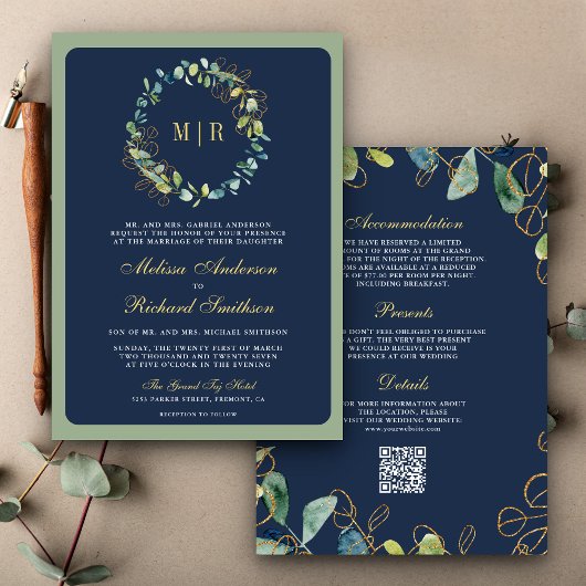 Trouw met Navy Blauwe Gouden Eucalyptus Krans QR C Kaart