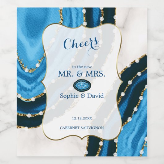 Trouw met Navy Blue Waterverf Agate Parels Wijn Etiket (Enkel label)