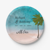 Trouw met palmboom aan het oceaanstrand papieren bordje (Voorkant)
