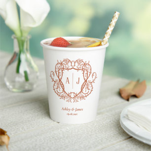 Trouw met Rambling Rose Terracotta Monogram Crest Papieren Bekers