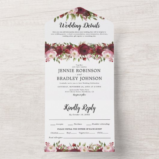 Trouw met Roze-Bordeauxkleurig Bloemendesign All In One Uitnodiging (Binnen)