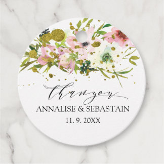 Trouw met roze en witte rozen met gouden spetters  bedankjes labels