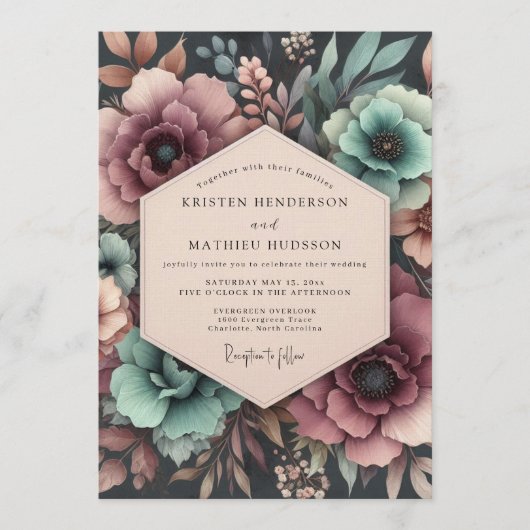 Trouw met Teal & Mauve Moody Bloom Kaart (Voorkant)