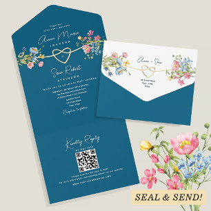 Trouw met teal wilde bloemen all in one uitnodiging