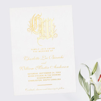 Trouw met Verguld Monogram Vintage Folie Uitnodiging
