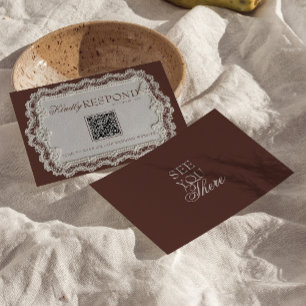 Trouw met vintage chocoladebruine kant retro QR-co RSVP Kaartje
