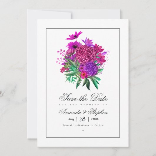 Trouw met Vintage Fuchsia en Paarse Bloemen Save The Date (Voorkant)