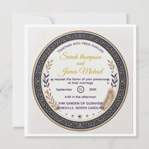 Trouw met vintage marineblauw en gouden filigraan kaart
