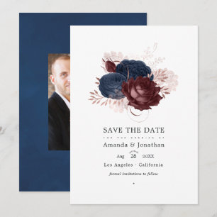 Trouw met vintage marineblauw, wijnrood en roosgou save the date