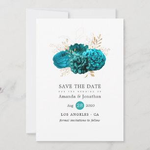Trouw met vintage turquoise en gouden bloemen save the date