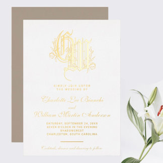 Trouw met vintage vergulde monogram folie uitnodiging